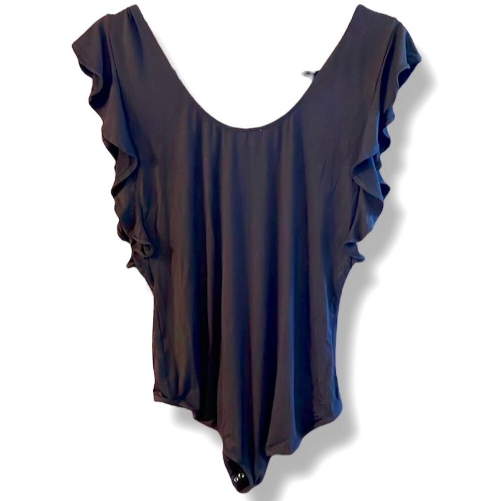 Black Bodysuit with Flutter Sleeves and Ruffled Details